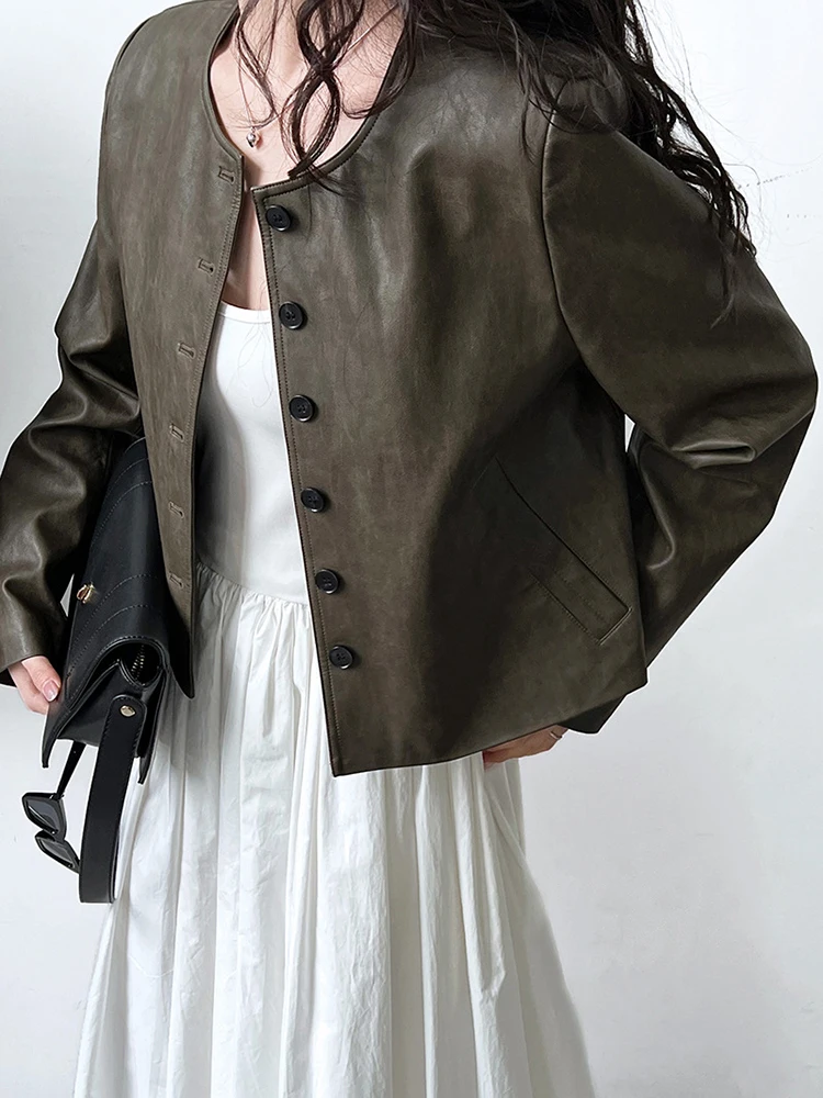 YERMORA Women Green PU Leather Button Vintage Short Jacket O-neck Long Sleeve Loose New Coat Fashion Tide Spring Autumn 2025