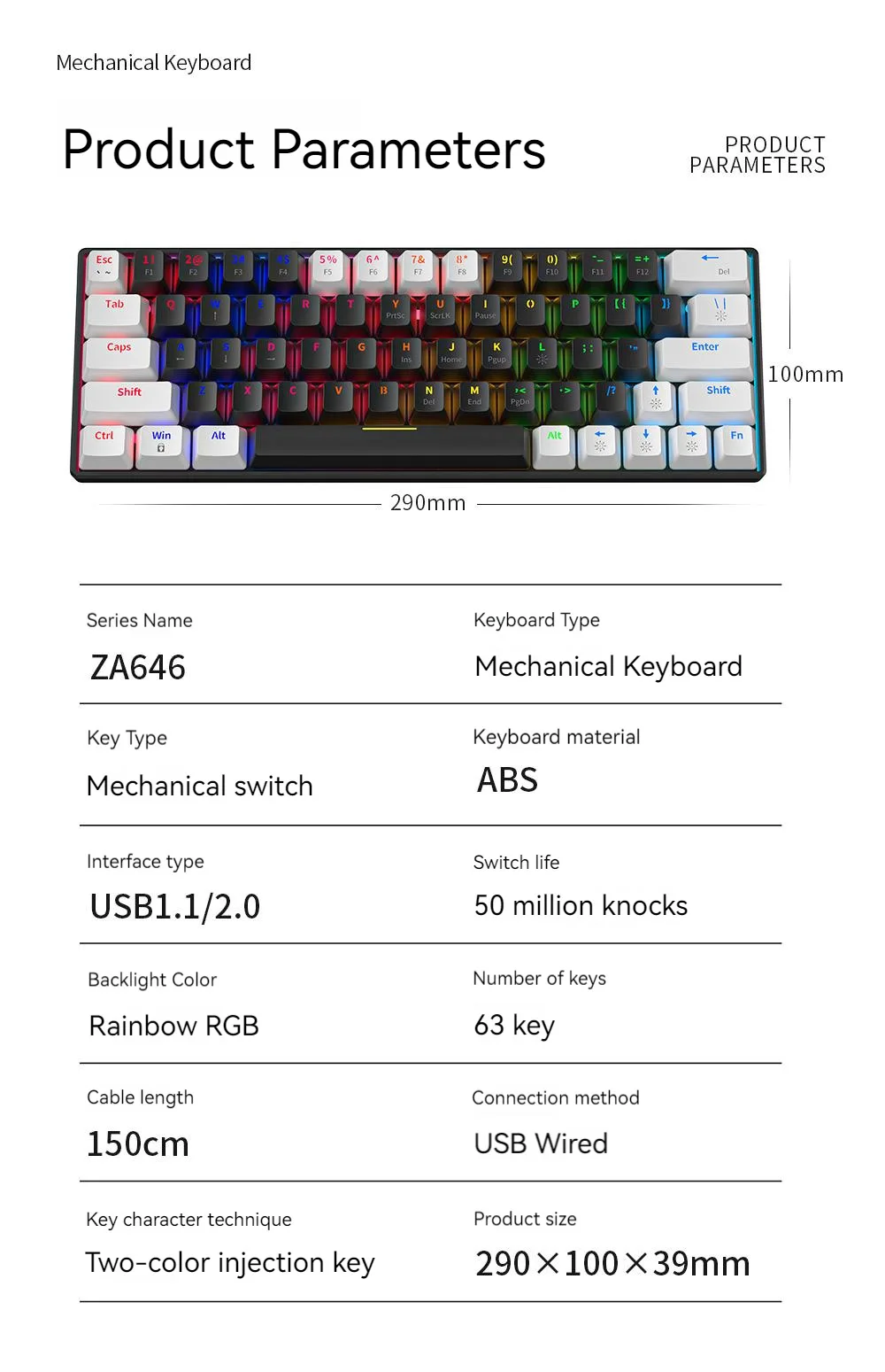 Mechanische Tastatur, mechanisch, kabelgebunden, russische Tastaturen, 63-Tasten-Gamer, Tastatur mit Hintergrundbeleuchtung und russischem Layout, Teclado-PC, Computer