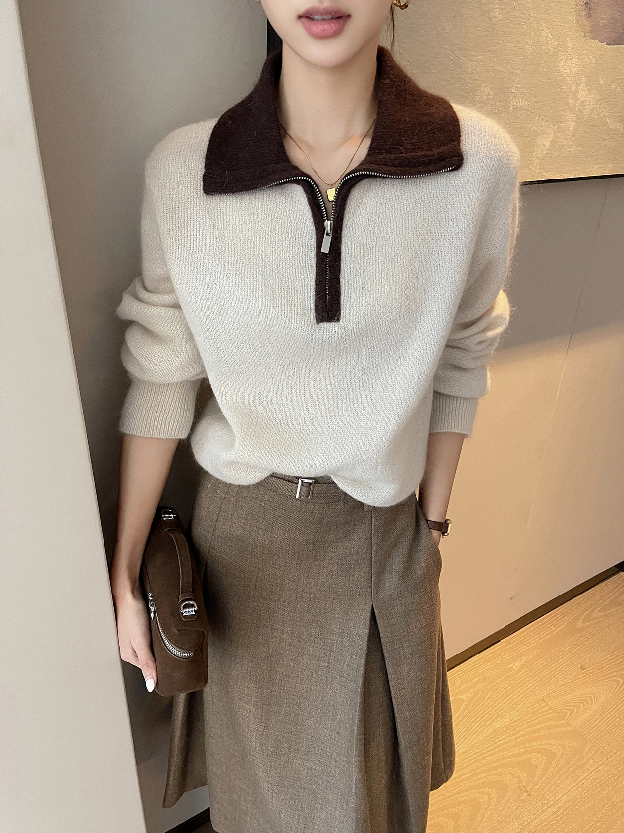 

Абрикосовый контрастный свитер на молнии с лацканами, женский зимний новый свободный модный кашемировый мягкий восковой свитер