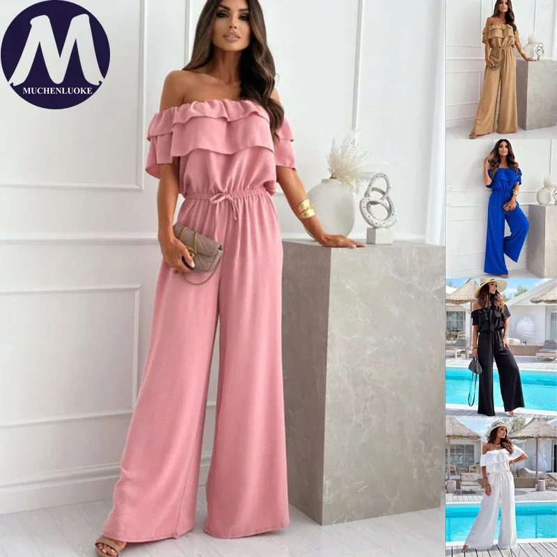 

Летний комбинезон с открытыми плечами для женщин, с короткими рукавами, оборками, облегающий, с эластичной талией, модный повседневный комбинезон