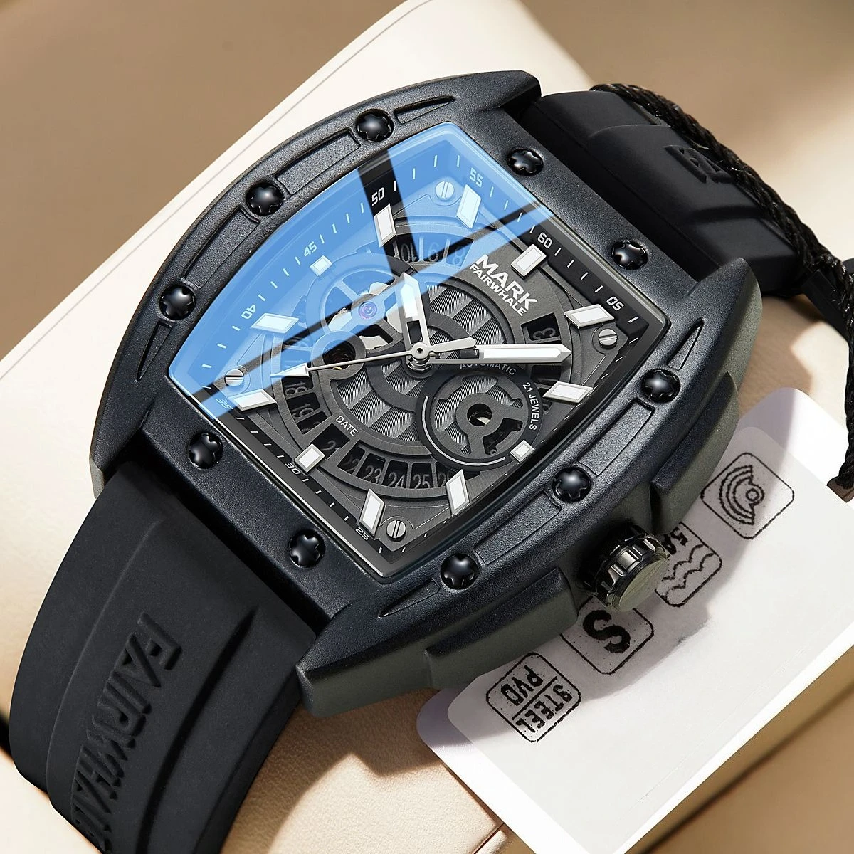 

MARK FAIRWHALE New Tonneau Luxury Men Watch 6016 Automatic Movement Silicone Strap Date Waterproof Mechanical Watches for Man