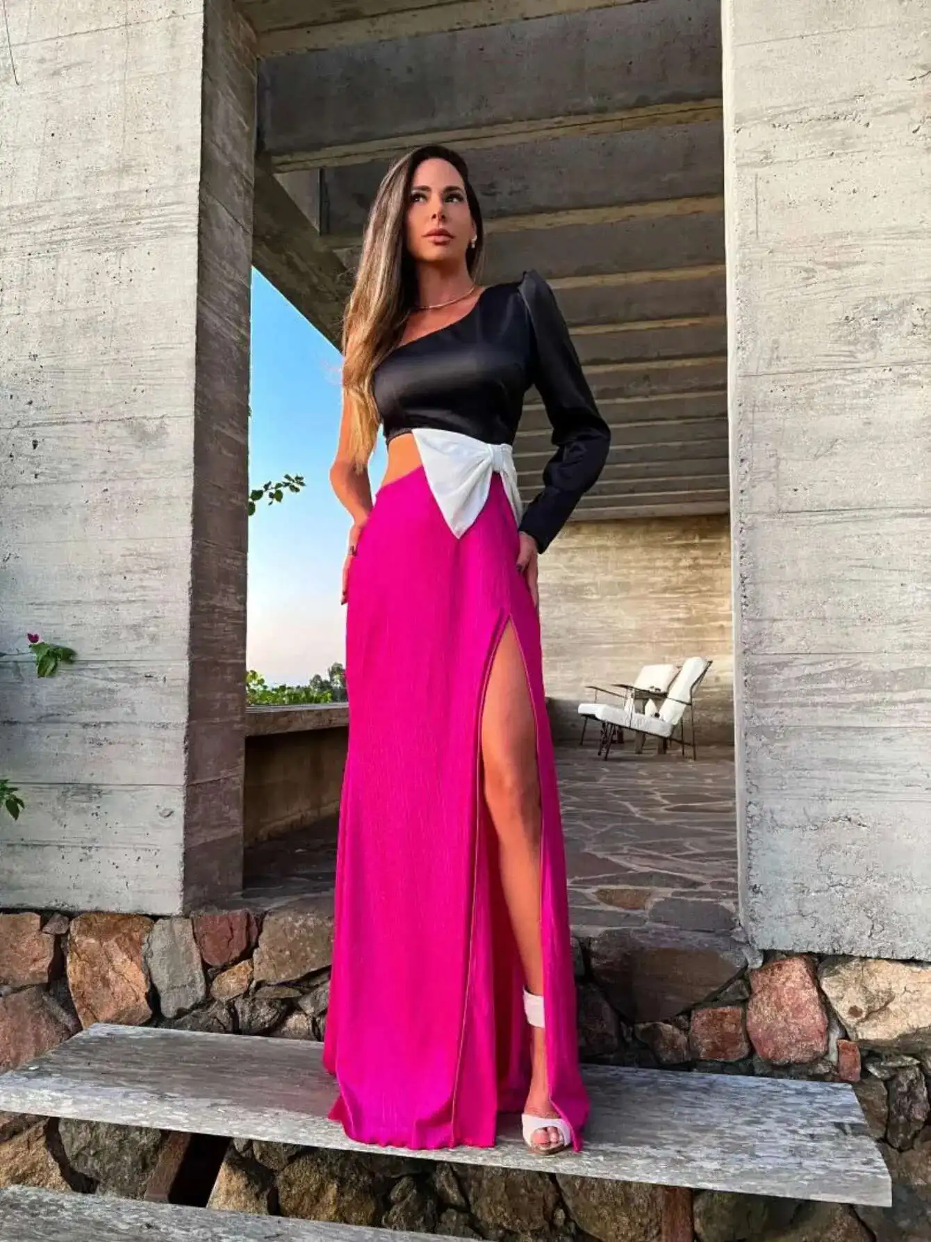 Um ombro midi feminino elegante bandagem divisão recorte maxi vestido verão bodycon feminino roupas de festa à noite