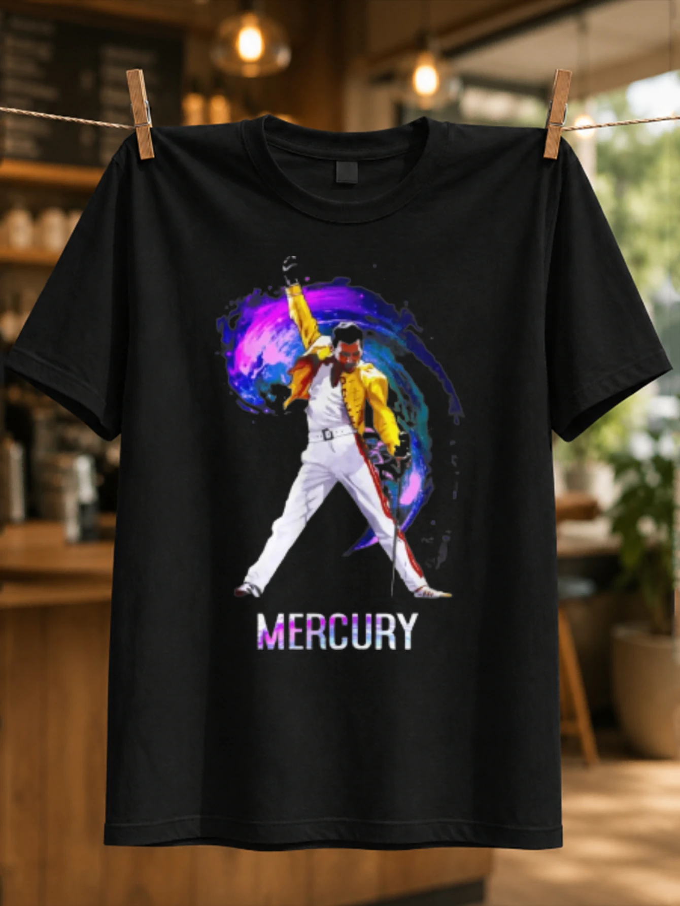 Mercury performer yellow jacket concert pose with colorful purple blue paint swirl and bold name  Unisex All T-Shirt