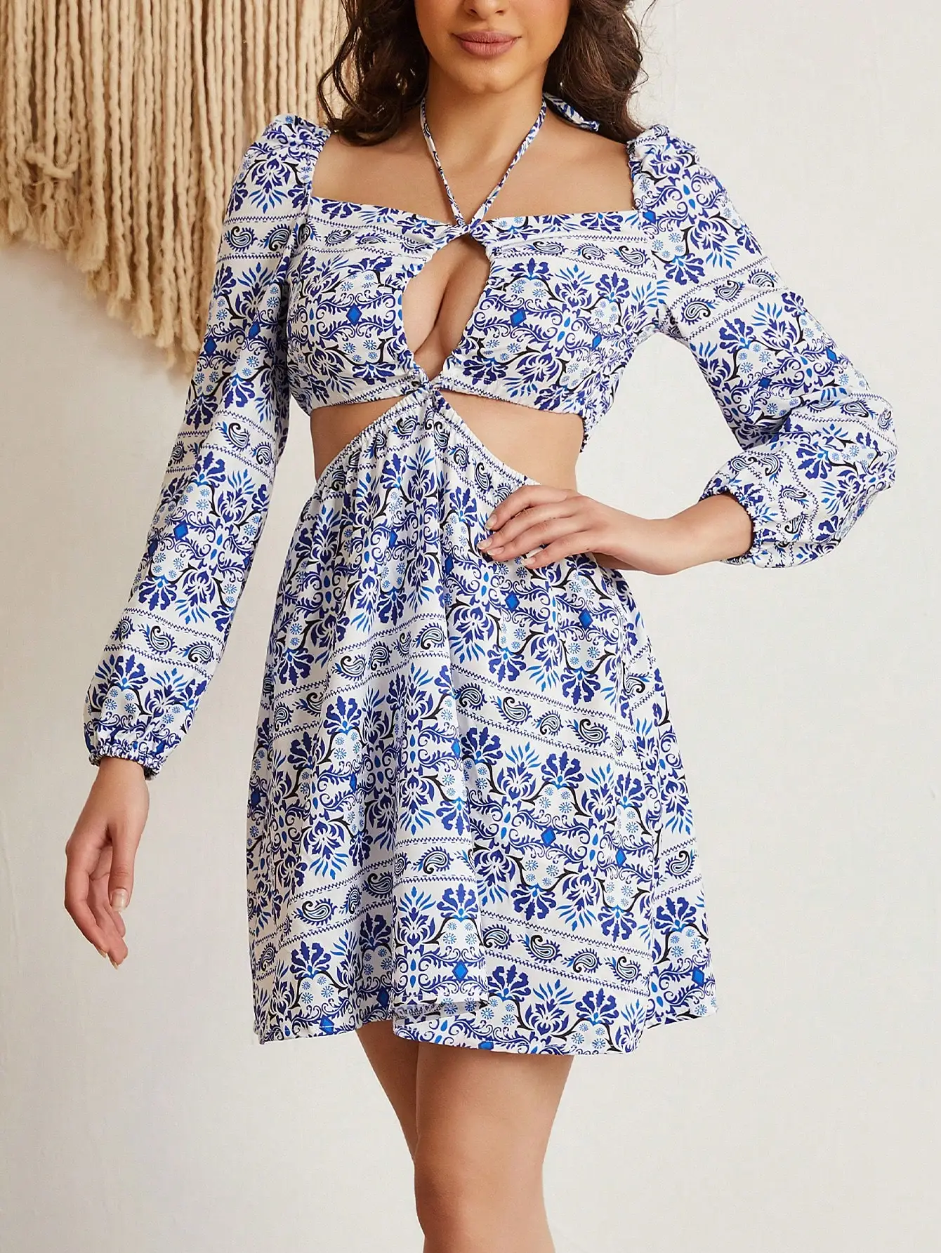 2024 Nieuwe Mode Zomerjurk Vrouwen Elegante Vierkante Hals Bloemenprint Lange Mouw Jurken Slanke Taille Boho Vakantie Strandjurk