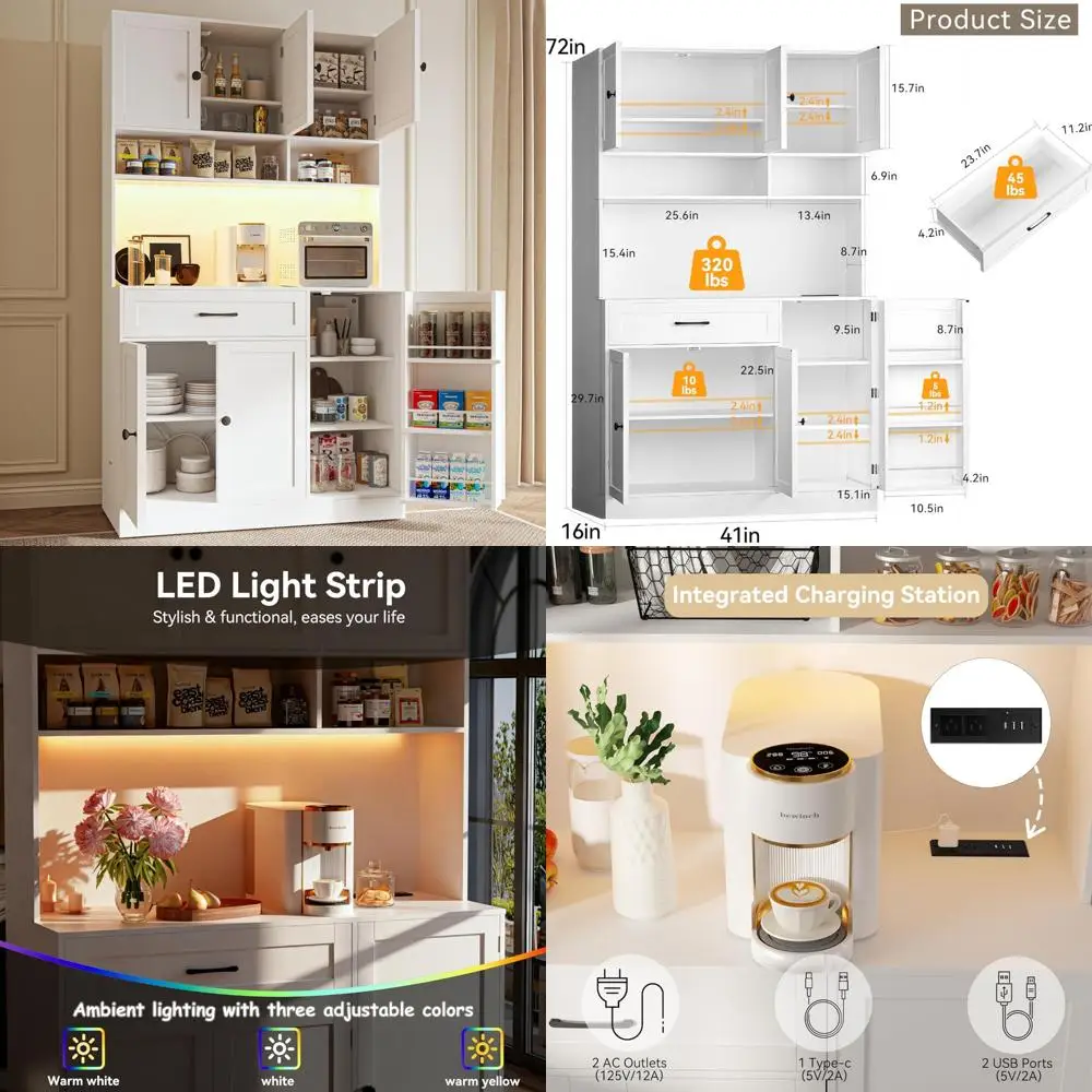 

Высокий шкаф для кладовой со светодиодной подсветкой и зарядной станцией, регулируемые полки для хранения на кухне