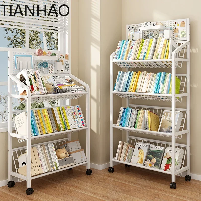 Living Room Magazine Iron Bookcase Floor Standing Multi-Layer Bookshelf Movable Storage Organizer Wheels Books Toys Furniture