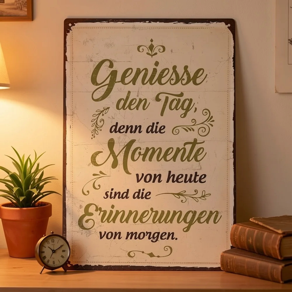 2D Flat Aluminum Hanging Metal Plaque 8x12 Inch German Proverb Enjoy Every Day Rustic Decor With Ornate Frame Green Text