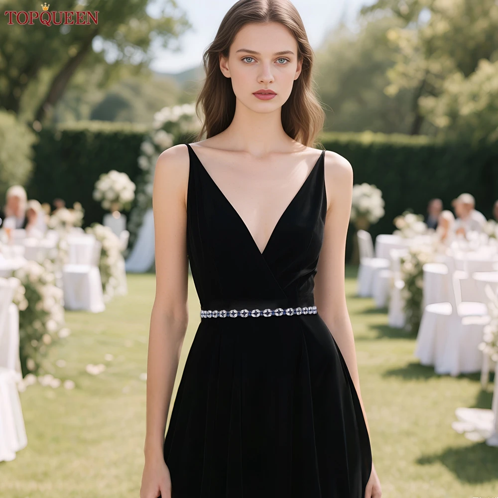 TOPQUEEN New Rhinestone Belt Bride Thin Sash Wedding Accessories Navy Blue Stone Patch Woman Satin Belt S16-ML