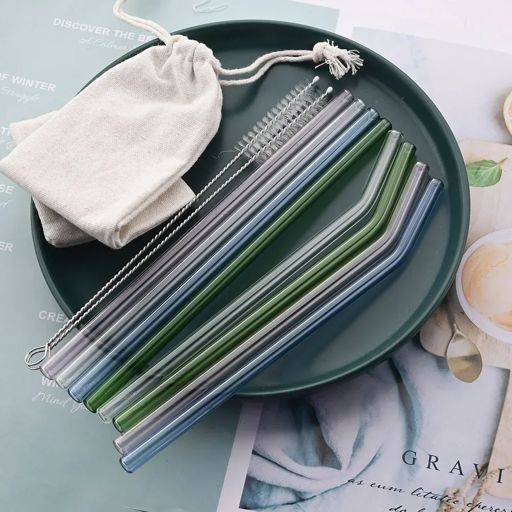 8Pcs Reusable Glass Straw Set Eco-friendly Heat Smoothie Cocktails Multi-Color Mixed Drinking Straws Brush Bar Party Accessory