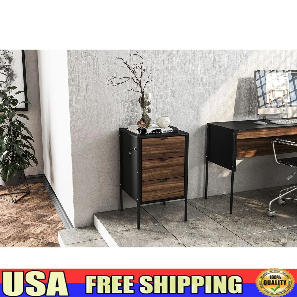 

Modern Office Cabinet with 3 Lockable Drawers Durable Melamine Scratch Resistant Storage Solution Indoor Use Metal Legs and