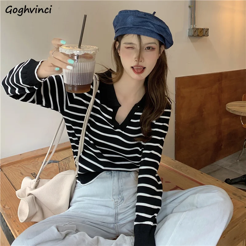 T-shirt da donna per il tempo libero allentate vintage estate nuova moda a righe elegante tutto-fiammifero femminile accogliente colletto rovesciato stile coreano chic