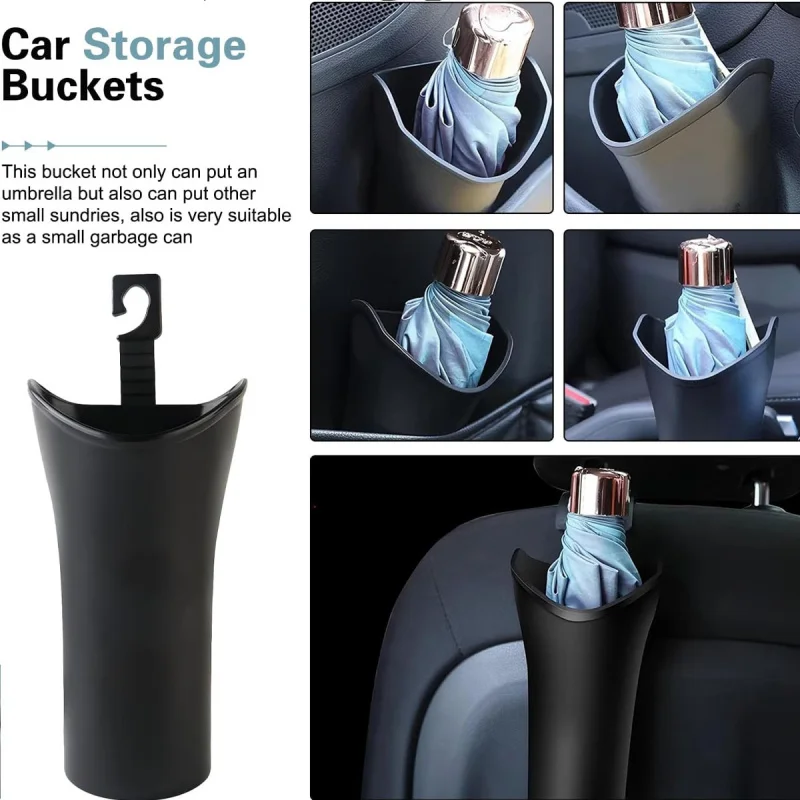 Multifunctional Car Umbrella Storage Bucket Black Plastic Holder Barrel with Hook for Gathering Bottle Shelves Car Trash Can