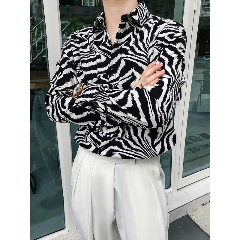 

Fashion High Quality Men Shirts Oversized Casual Shirt Zebra Stripe Print Long Sleeve Tops Mens Club Streetwear Cardigan B111