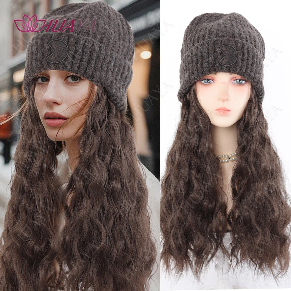 

Knitted Hat with Wavy Hair Synthetic 20inch Hat Wig Extensions for Women Winter Warm Beanies Hats Wigs for Autumn Winter Use