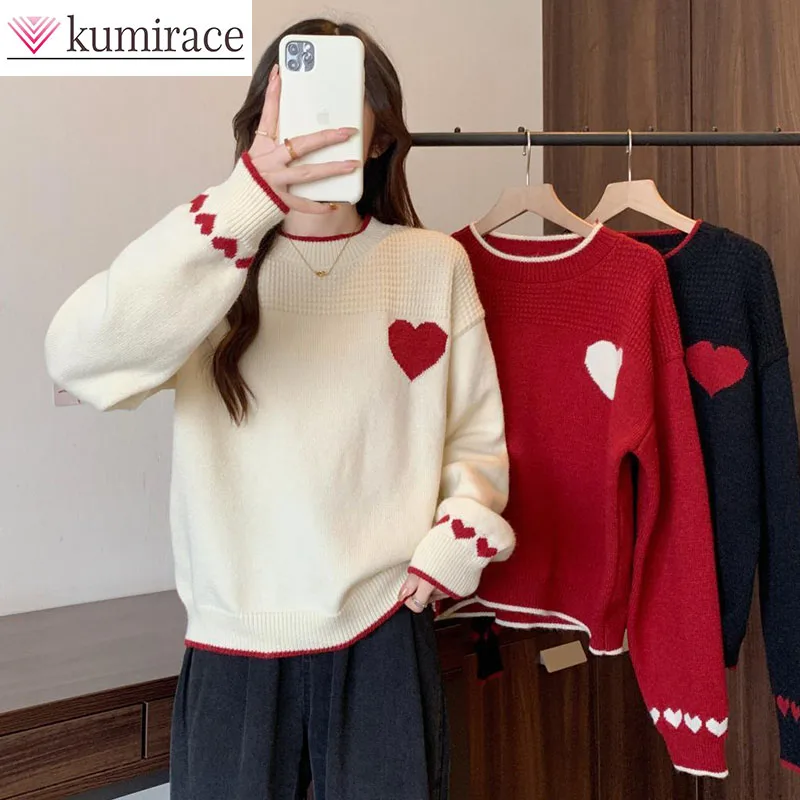 

Round Neck Pullover with Heart-shaped Embroidery Sweater, Women's Early Autumn Loose and Slimming Knitted Top Sweaters for Women