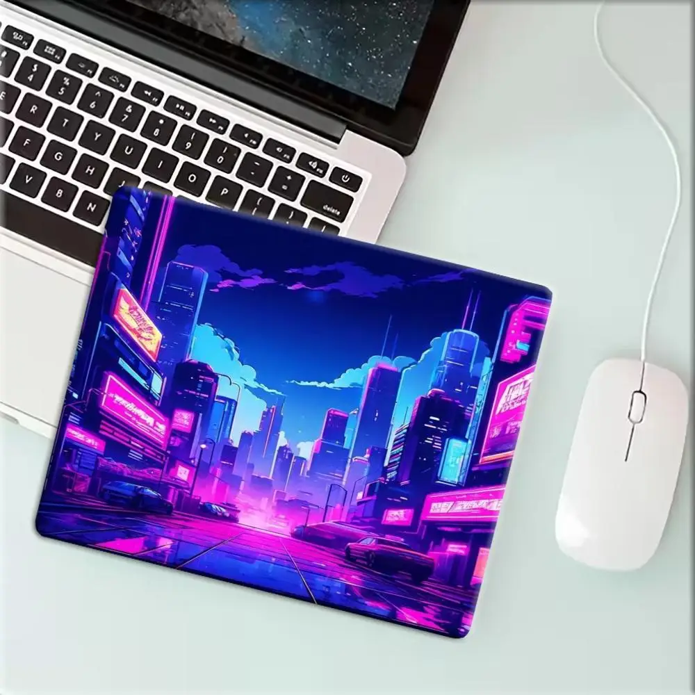 Pixel Cyberpunk City Square Mouse Pad Mouse Mat Small Desk Mat Gaming Mat Non-Slip Rubber Base Laptop Office Computer Table Pad
