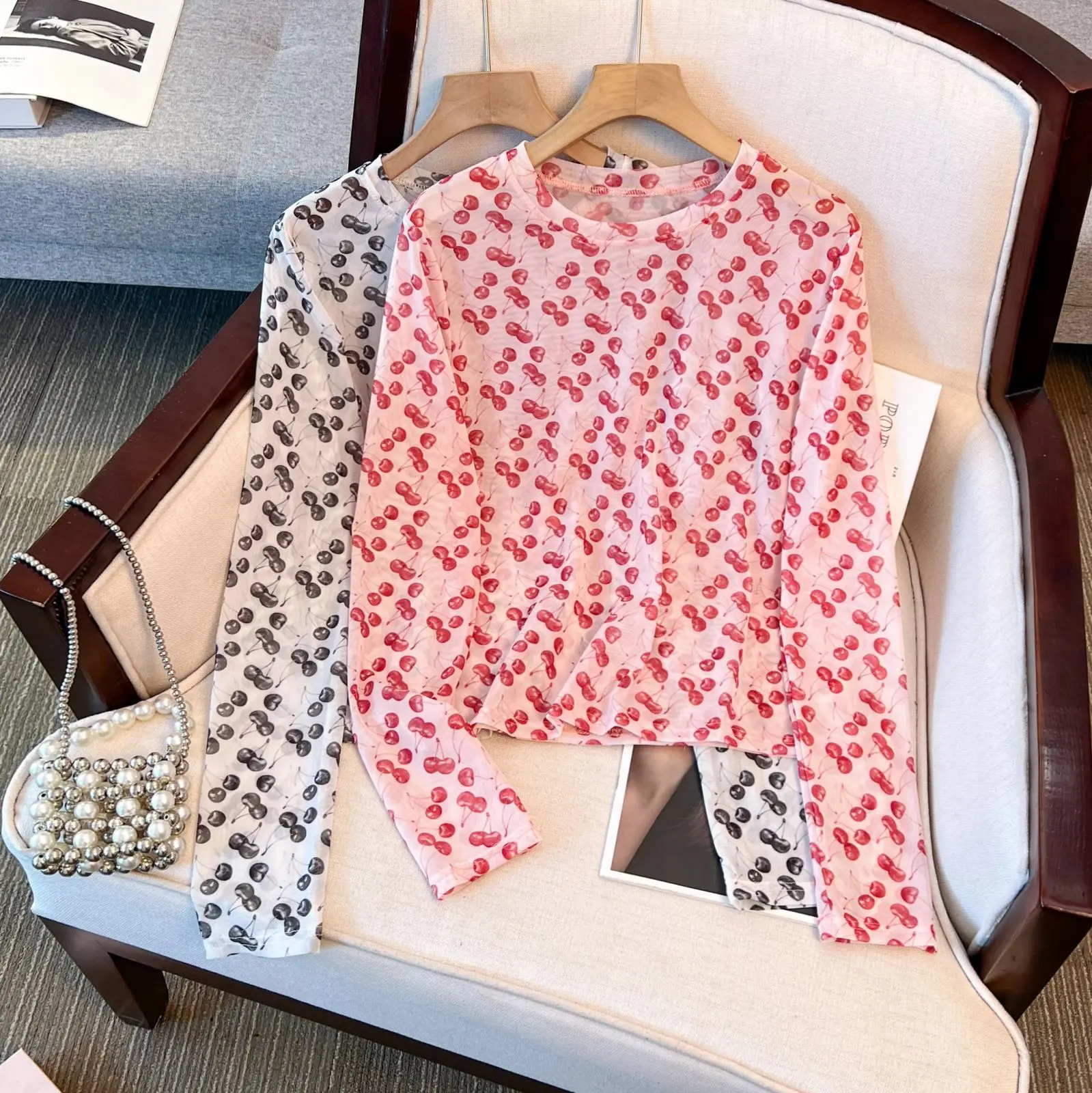 

Women's Silk Mesh Long Sleeve Top with Cherry Print Stylish Blouses for Layering Cute Girls Shirts for Summer Spring