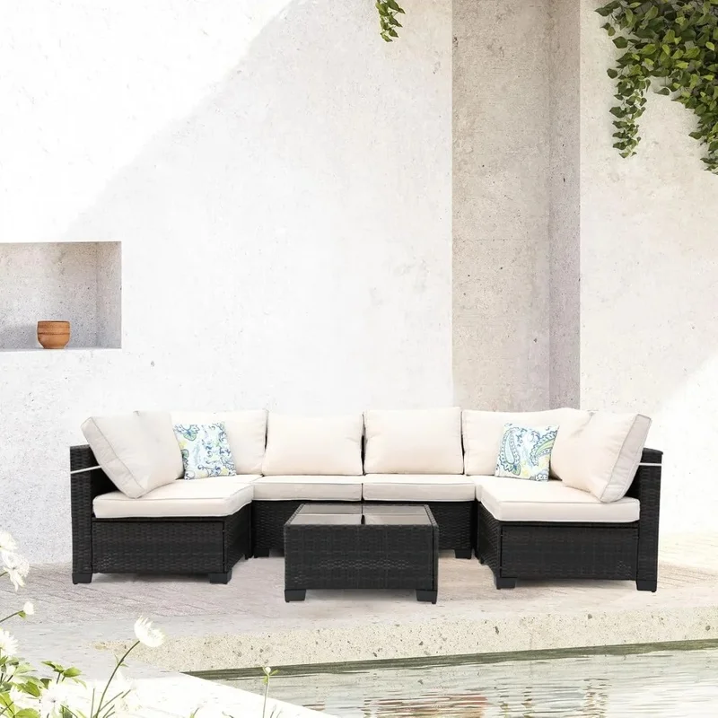 

7-Piece Outdoor Sectional Wicker Furniture Set with Cushions and Table, Brown/Beige