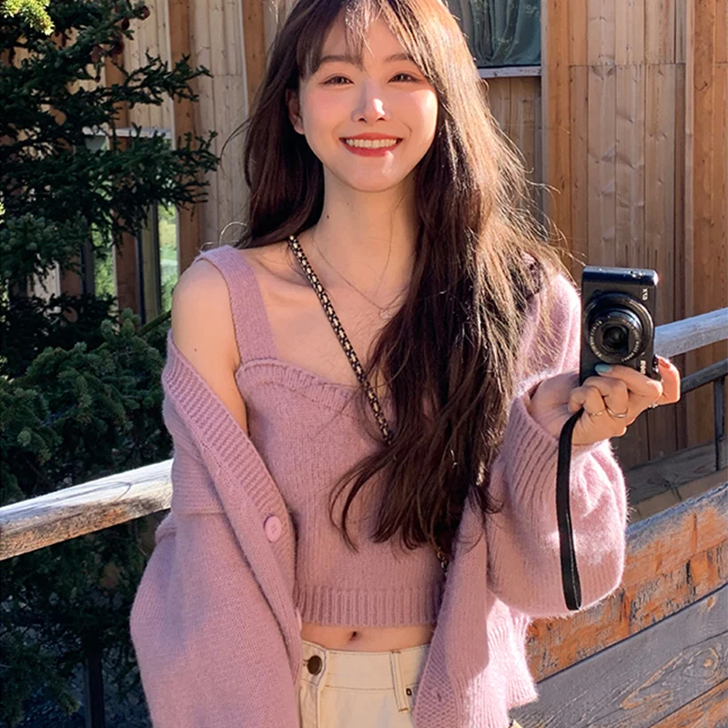 

Женский вязаный свитер Lazy Sle, пальто, комплект из двух предметов, жилет, осеннее новое поступление, мягкая и удобная корейская версия, Long Sve