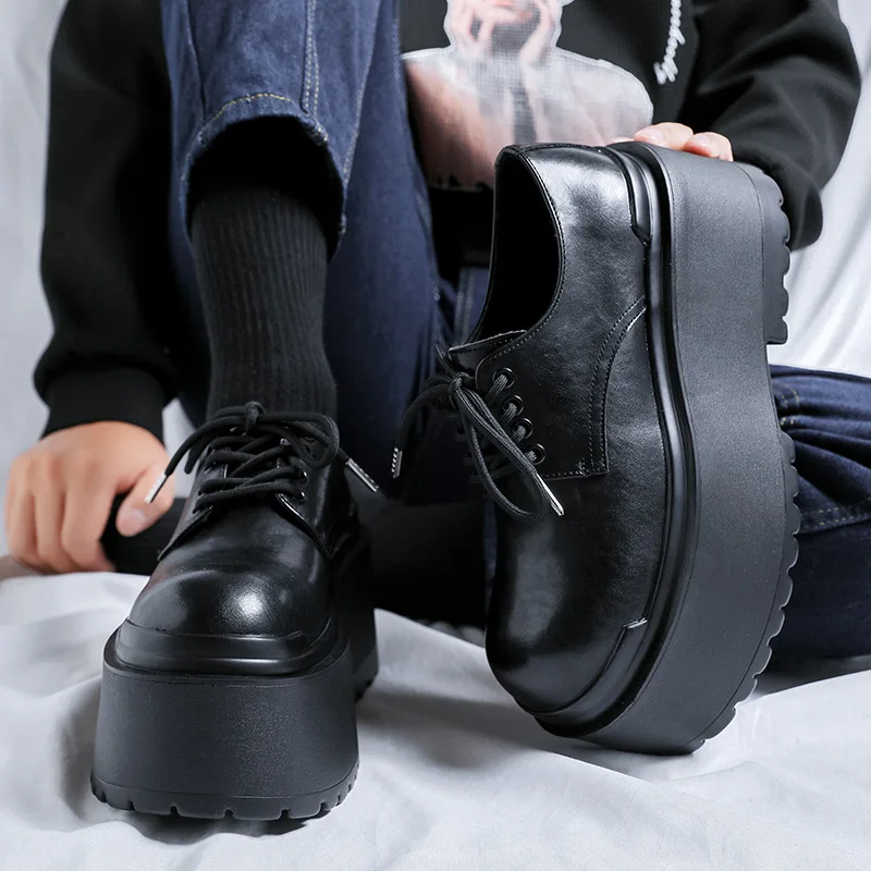 2026 7cm High Platform New Thick Bottom Black Blood Series Derby Height Increasing Round Toe Casual Leather Shoes