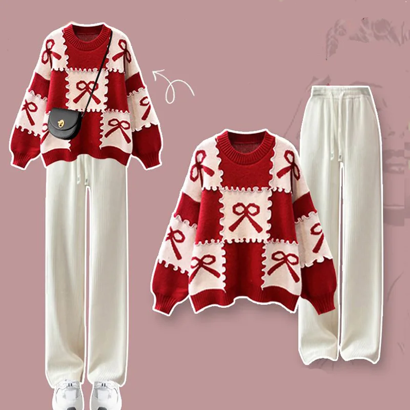 Loose Red Knitted Sweater and Casual Pants Set for Women, 2-Piece Outfits, Korean, Autumn and Winter, 2024