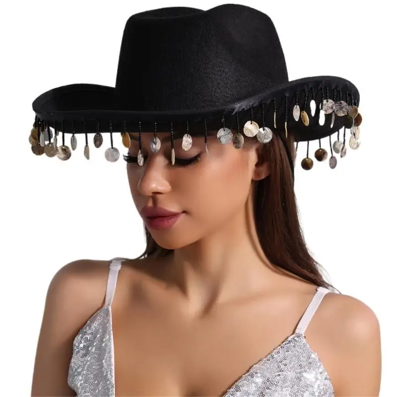 39BD Cowgirl-Hut mit Fransen und Strasssteinen für Damen, Cosplay-Kostüm, Junggesellenabschied, Kopfbedeckung, Hochzeit – Detail 9