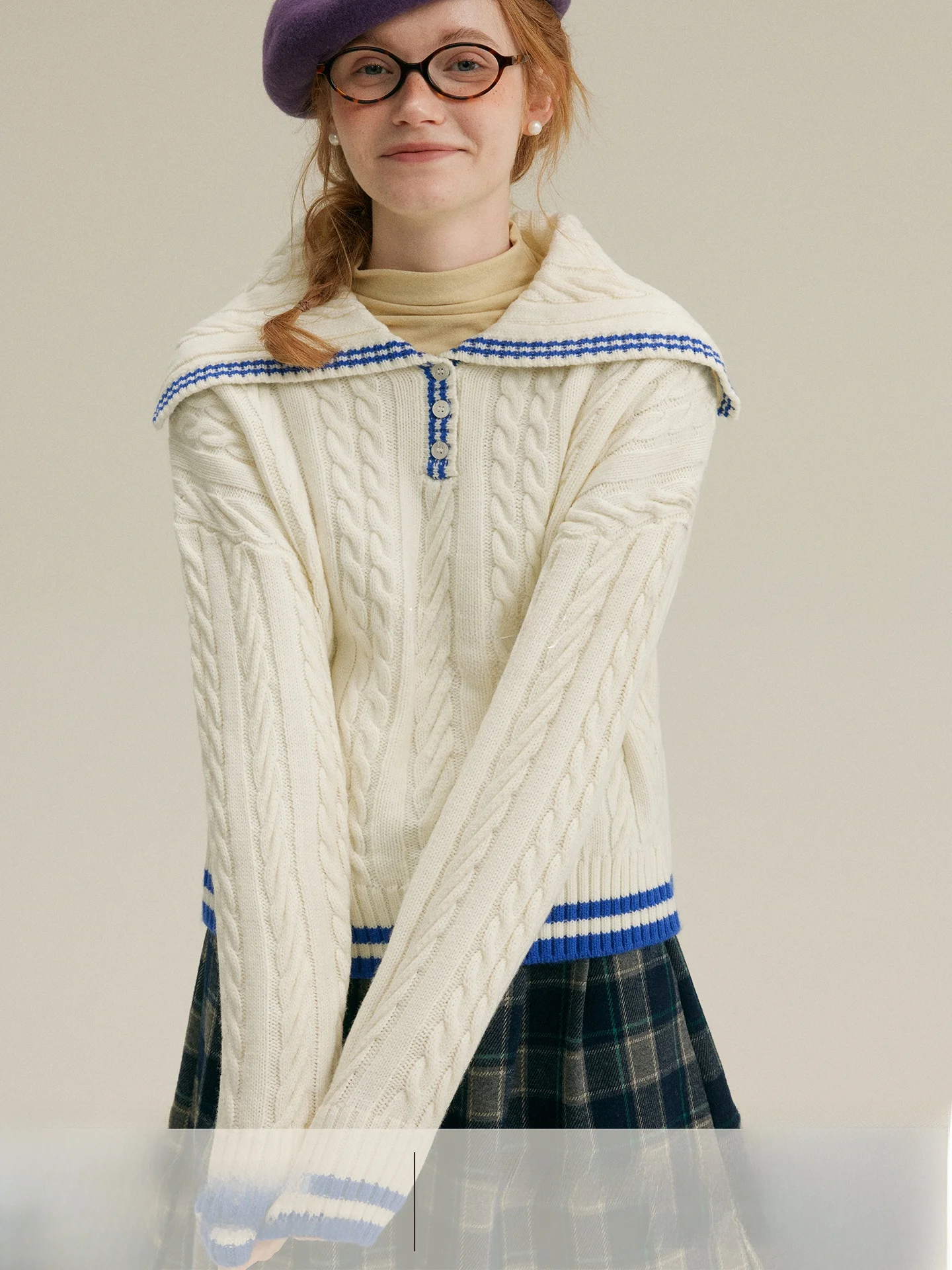 

Rina Berry Wool Blend Knit Sweater Navy Collar Commute Color Blo Age Reverse Twist Simple Design Long Sve Women's Top