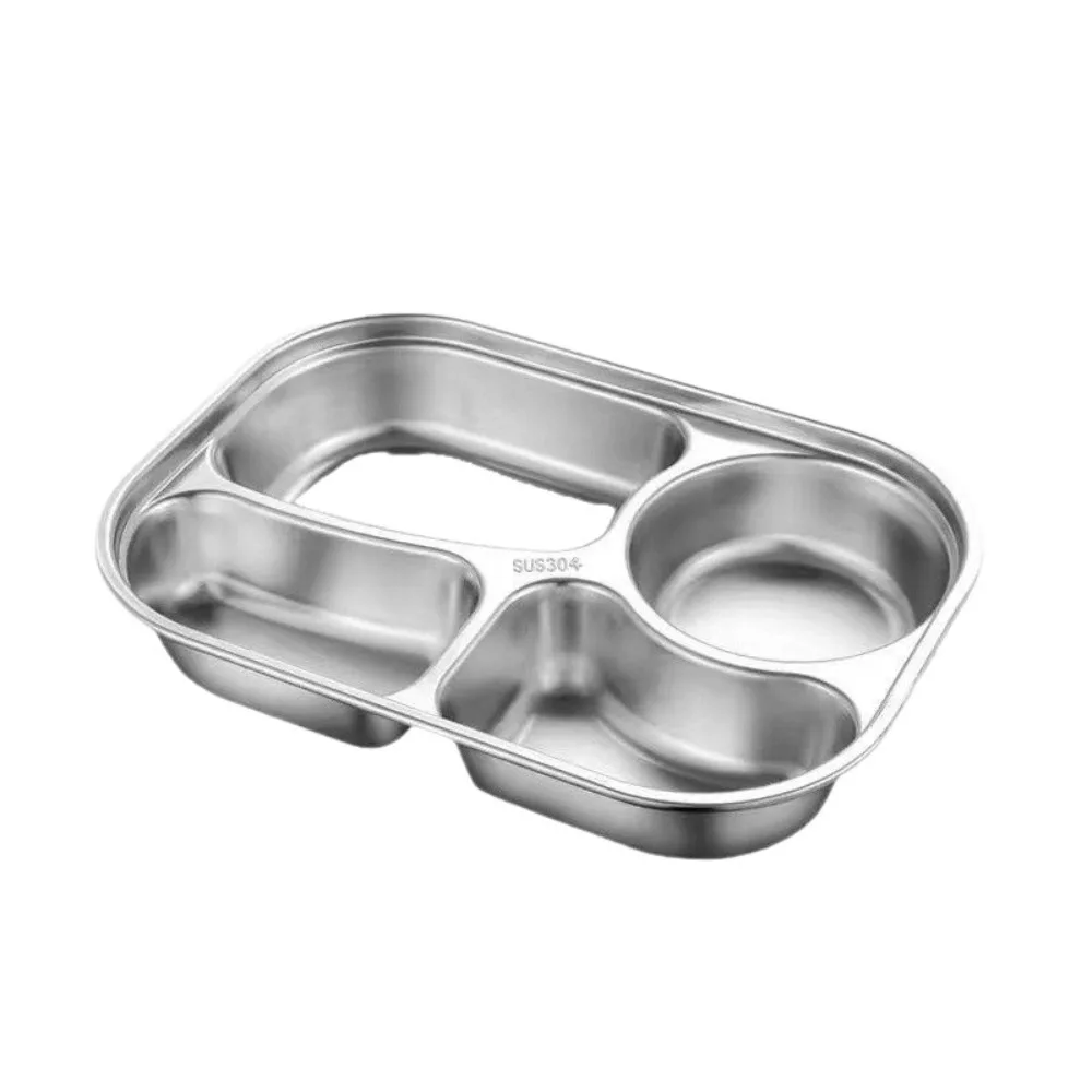 

4/5-Compartments Divided Dinner Tray 304 Stainless Steel with Lid Divided Dinner Plate Deepened School Food Plate Student