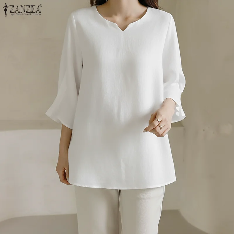 بلوزة نسائية أنيقة لخريف 2025 من ZANZEA بلوزة نسائية متينة 3/4 كم قمصان غير رسمية فضفاضة ذات ثنيات أنيقة للمكتب بلوزات نسائية