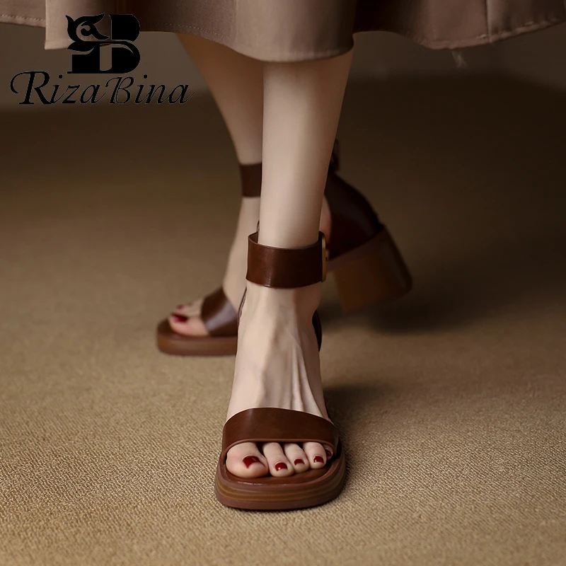 RIZABINA Genuine Cow Leather Sandals Block Mid Heels Women Roma Sandals Open Toe Retro Buckle Sandals Ankle Strap 2023 Trend