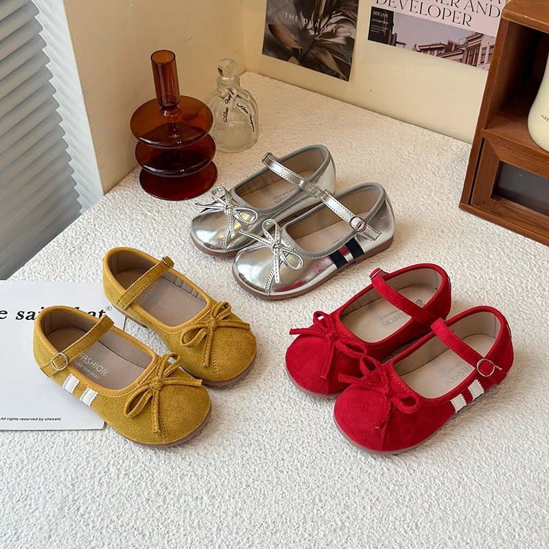

2025 New Girls Leather Shoes Sweet Versatile Children's Flats with Bowknot Causal School Non-slip Kids Princess Dress Shoes Soft