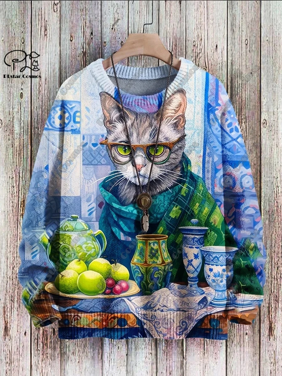 PLstar Cosmos new 3D printed animal series cat pattern ugly sweater street fun casual winter sweater M-5