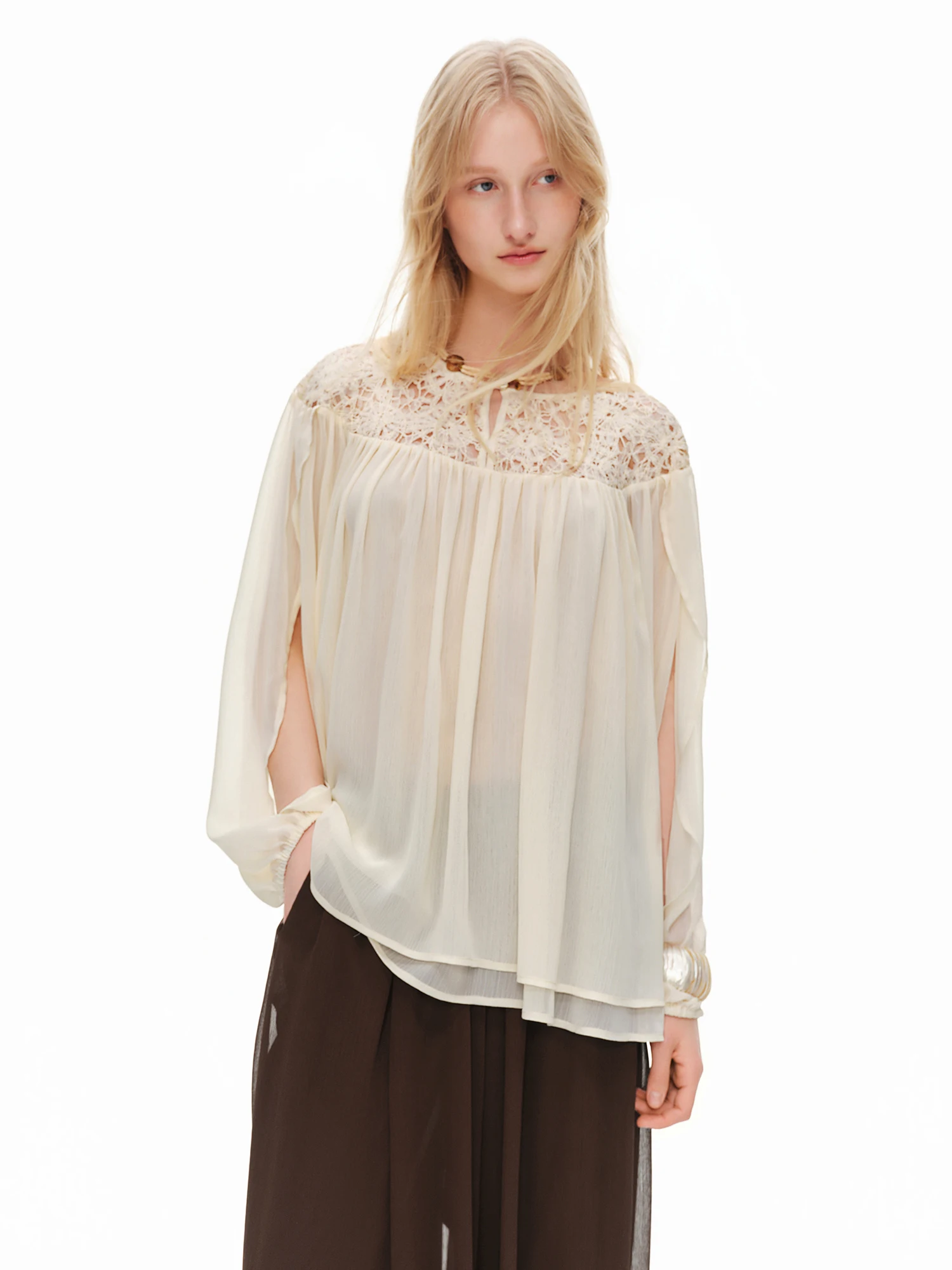 DUSHU Women's French Style Hollow Lace Elegant Cape Blouse 2026 Summer New Chiffon Top Figure-Friendly Multi-Size Shirts Tops