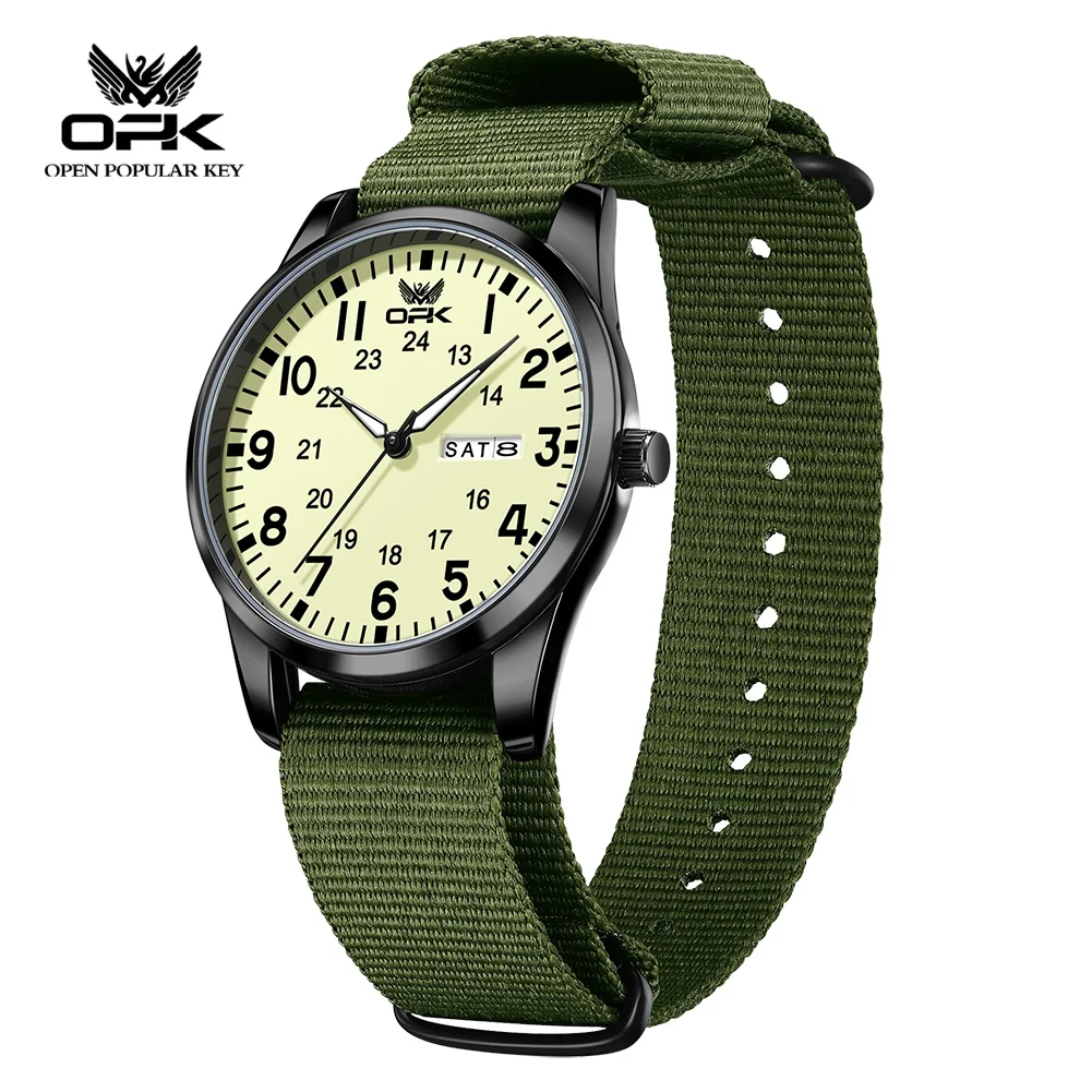 OPK 6090 Quartz Watches for Man Fashion Casual Nylon Webbing Watchband Dual Calendar Waterproof Luminous Men's Sports Watches