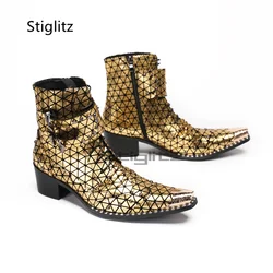 Genuine Leather Gold Ankle Boots High Heeled Men's Boots British Style Metal Toe Belt Buckle Wedding Shoes Male Chelsea Boots