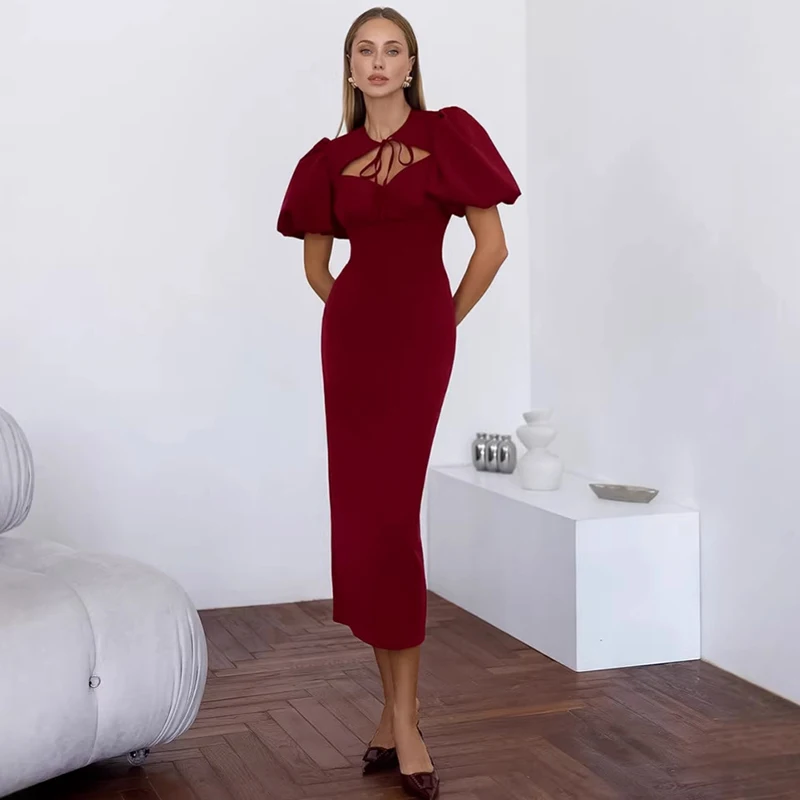 

Typhaland Fashion Puff Sleeve Maxi Dress Female Elegant Commute Lace Up Short Sleeve Hollow Dress 2026 Fashion Party Clothes