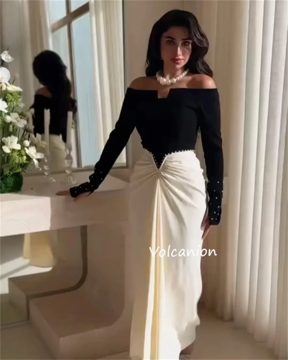 Jersey personalizado pérola miçangas fora do ombro a linha vestidos midi sob medida ocasião festa moda simples correspondência