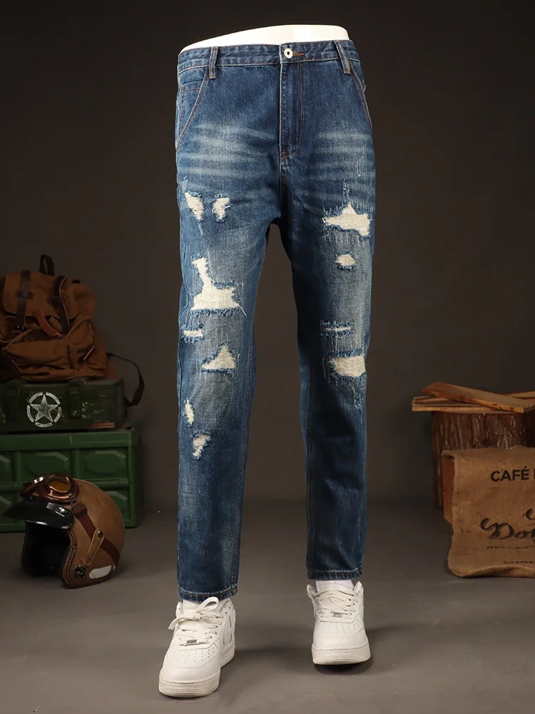 

Летние тонкие модные брендовые американские ретро свободные рваные джинсы с прямыми отверстиями мужские уличные крутые модные повседневные брюки
