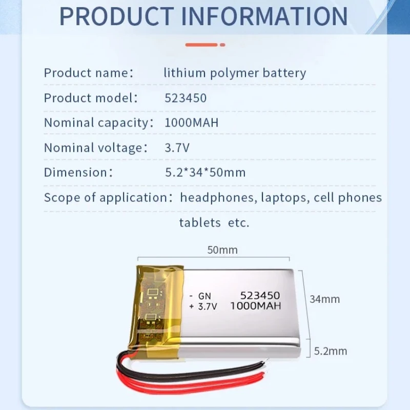523450/503450 1000mAh 3.7V Polymer Lithium Rechargeable Battery Li-ion Battery JST PH2.0 2pin for GPS Smart Phone DVD MP5