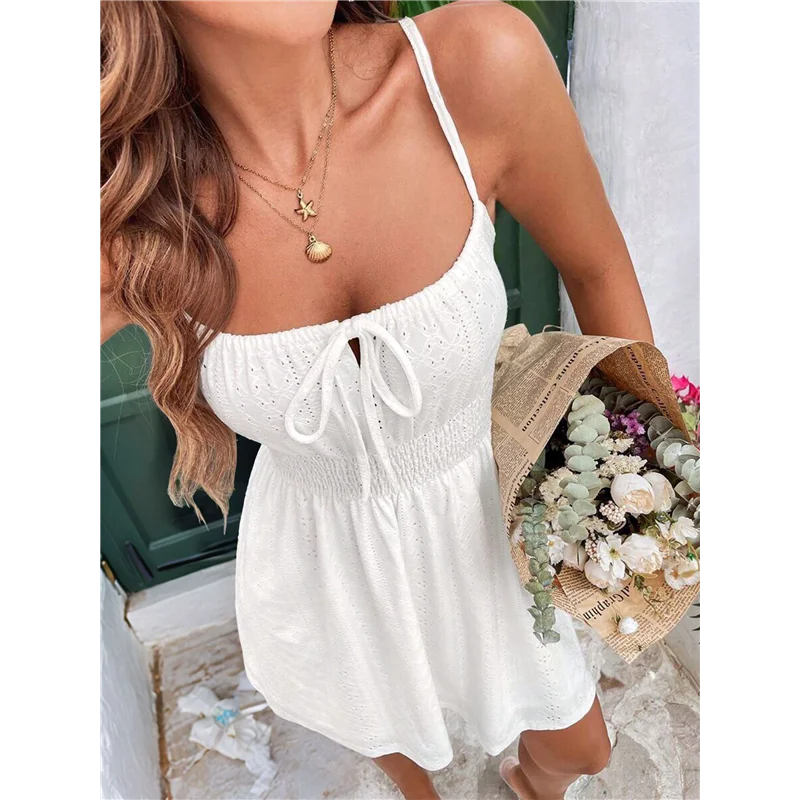 ASDS-Women's Sleeveless Ruched Bust Eyelet Embroidery Flared Cami-Dresses