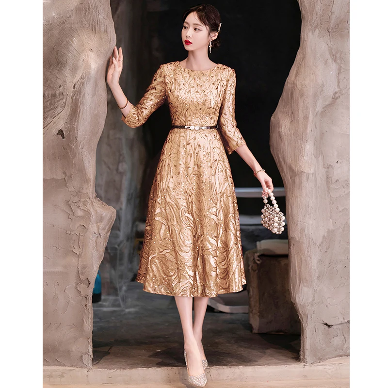 

Gold Evening Dresses For Mother Of The Bridal Elegant Modest Round Neck A-Line Tea-Length Sequin Wedding Guest Dresses