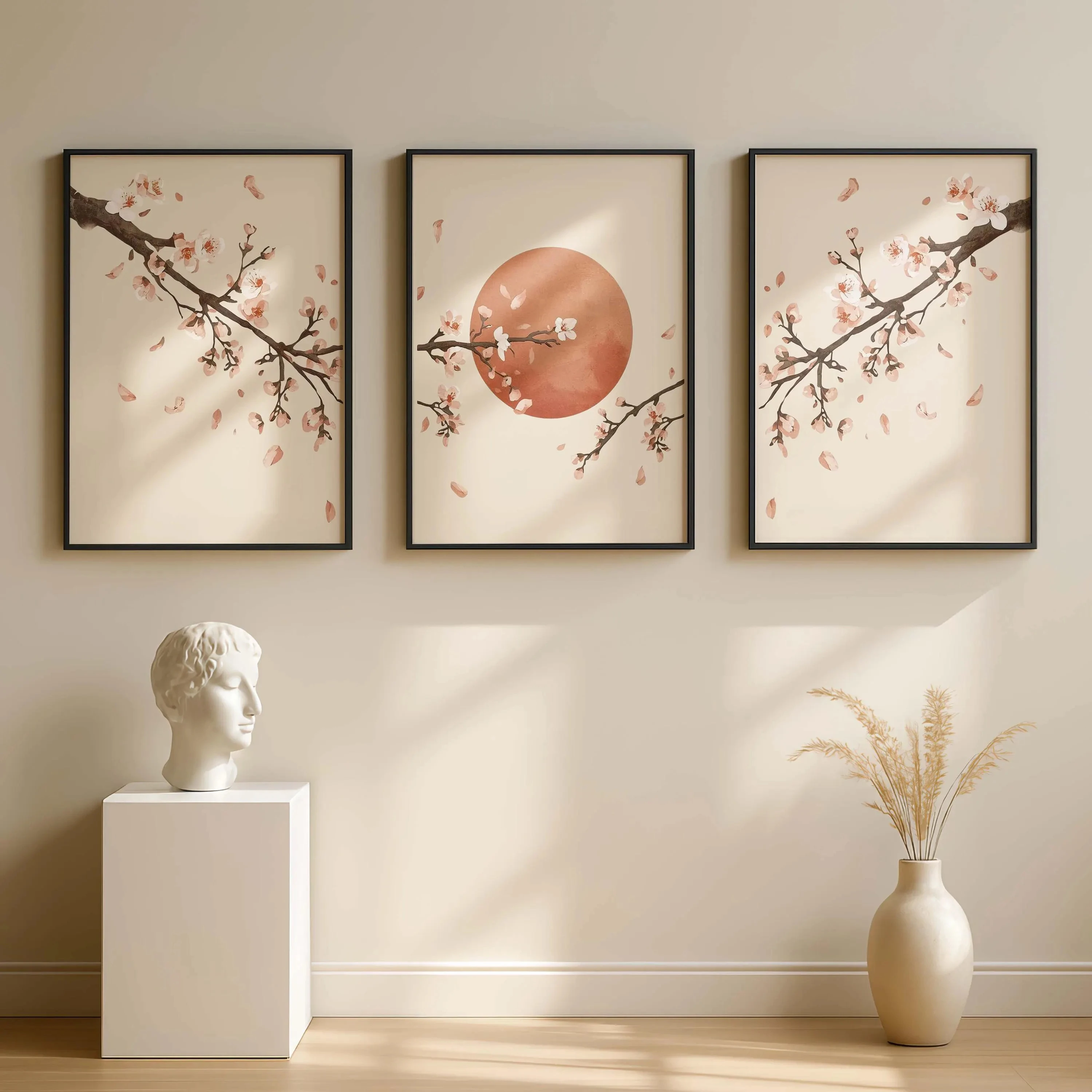 3pcs (No frame),Japandi Sakura Triptych Wall Art, Set of 3 Cherry Blossom Prints, Japanese Sun Canvas, Minimalist Zen Neutral Li