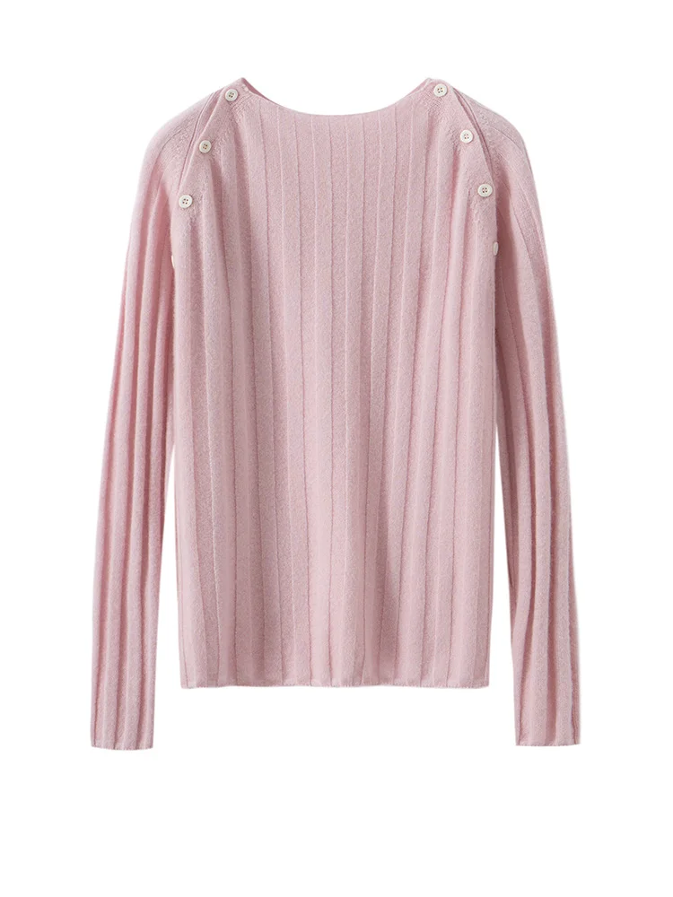 Suéter adelgazante de rayas verticales para mujer, Jersey de punto de Cachemira 100%, diseño de botones de doble botonadura, cuello oblicuo, Top suave y cálido