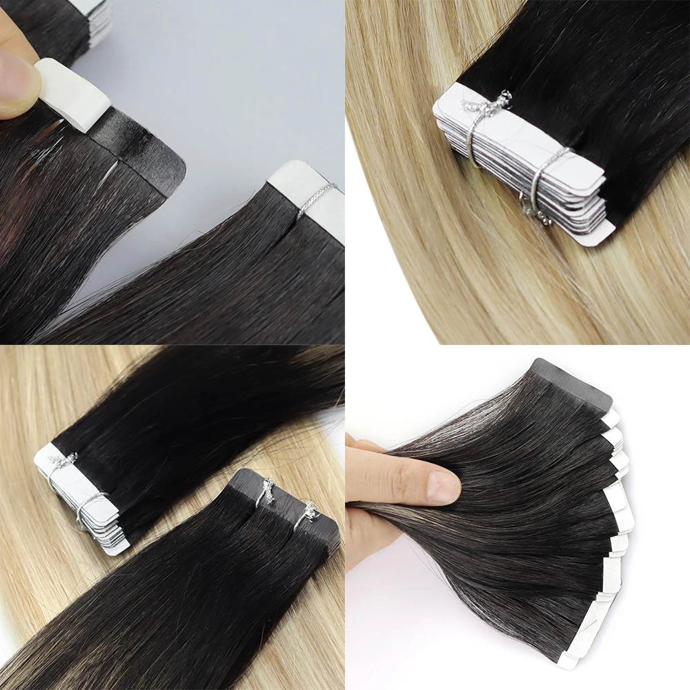 Moresoo Tape in Human Hair Extensions Balayage Blonde Hair Remy Hair Natural Soft Skin Weft Straight Seamless Hair Tape in Hair