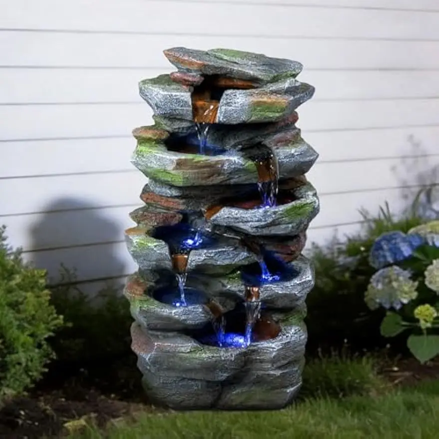Resin Tiered Fountain Waterfall Stone LED Cascading Garden Patio Backyard Deck