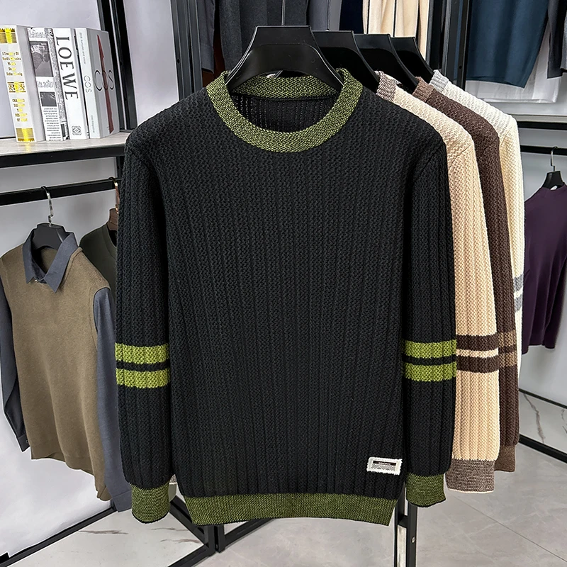 

Высококачественная Лидер продаж, мужской вязаный свитер с круглым вырезом, полосатый шерстяной пуловер, осень-зима, британская мода, повседневная теплая мужская одежда