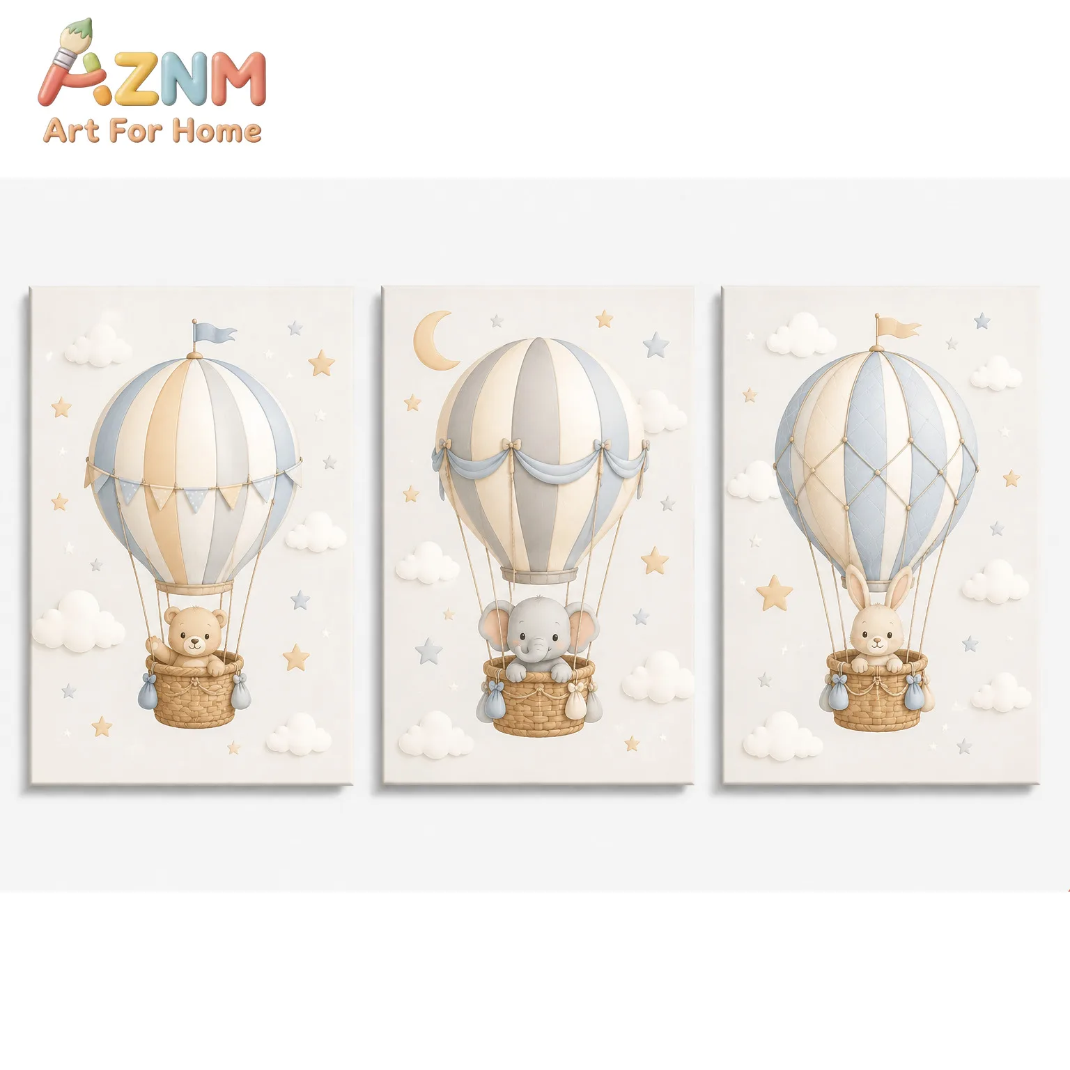 AZNM Hot Air Balloon Canvas Wall Art Bear Elephant Rabbit Cloud Moon Star Frameless Canvas Painting Nursery Kids Room Home Decor
