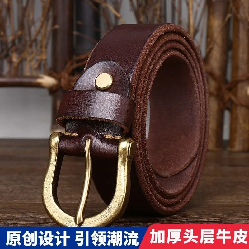 New thickened top-grain cowskin belt with leather pin versatile men's
