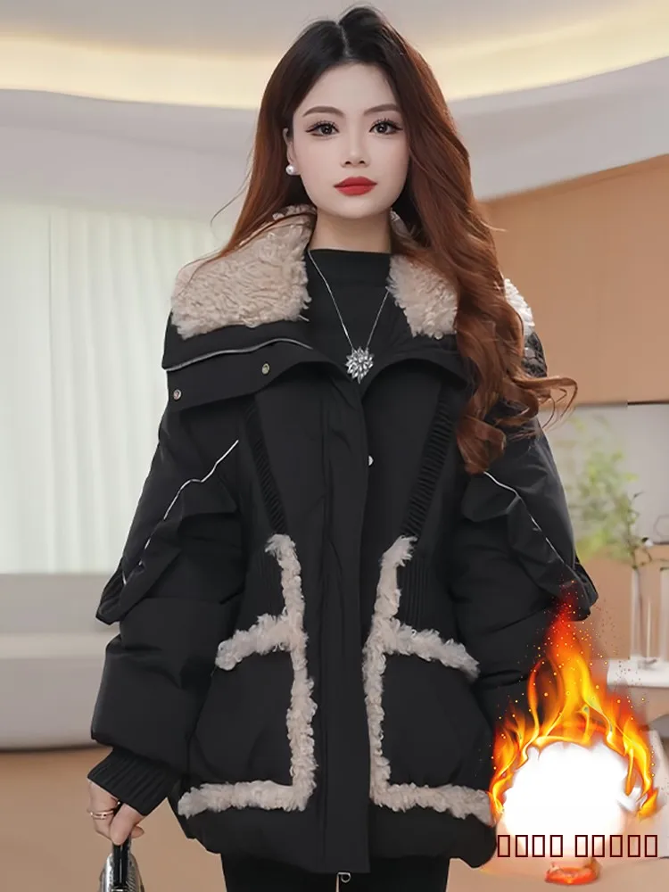 

Thiened Cotton Jaet Women's Sle Mid-Length Slimming Quilted Coat Korean Version Commute Long Sve Zipper Closure