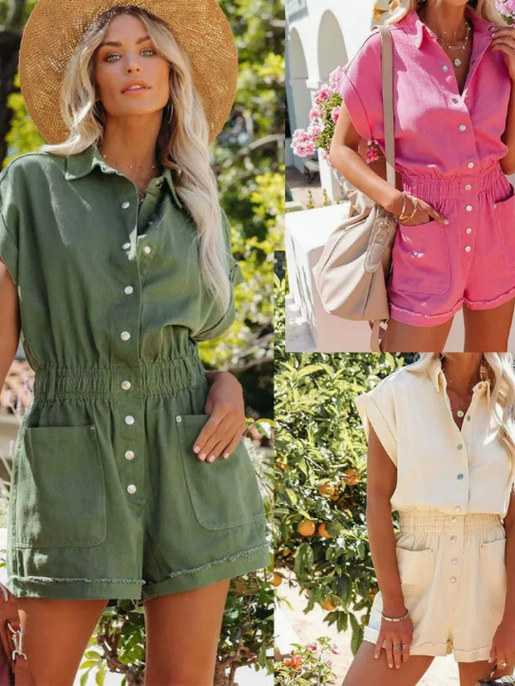 

2026 Spring Commute Style Pure Color Collared Short Sleeve Single Button Pocket Straight Leg Short Pants Jumpsuit Women's Fas...